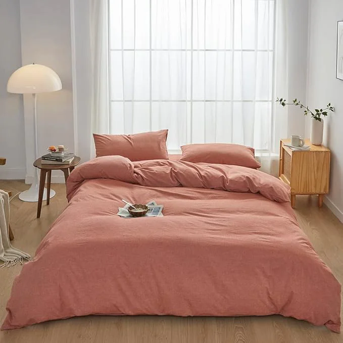 User-Friendly FACE TWO FACE Bedding Duvet Cover Set 3 Pieces Washed Cotton Duvet Cover Linen Like Textured Breathable Durable Soft Comfy Queen Caramel High-Grade