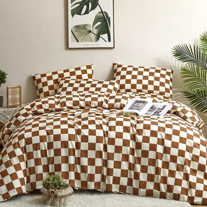 Responsible CLOTHKNOW Brown Plaid King Size Comforter Set 3Pcs Grid Bedding Comforter Sets Soft Checker Caramel Comforter with 2 x Pillow Cases Premium Material