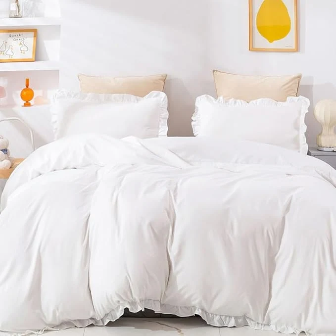 Breathable CLOTHKNOW White Full Size Comforter Sets Ruffle Farmhouse Bedding Sets Soft Vintage Rustic Shabby Chic Comforters with 2 x Pillowcases Outstanding