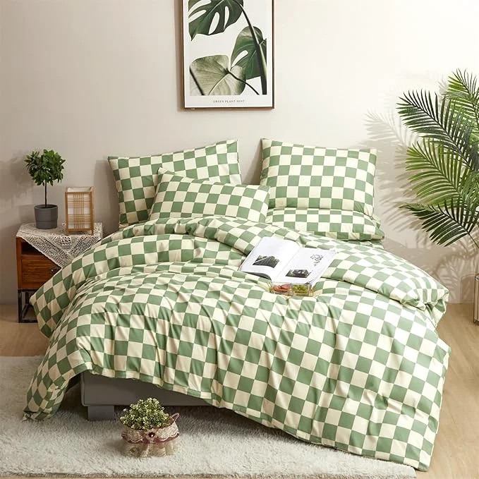 Efficient CLOTHKNOW Green White Plaid Queen Comforter Set 3Pcs Grid Bedding Comforter Sets Checkerboard Comforter Checker Queen Comforter with 2 x Pillow Cases Refined