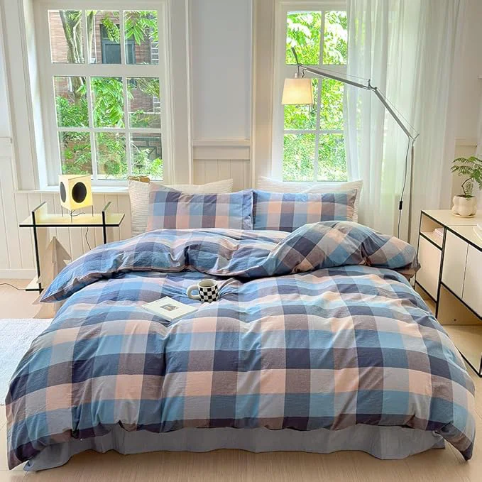 FACE TWO FACE Bedding Duvet Cover Set Washed Cotton Duvet Cover Linen Like Textured Breathable Durable Soft Comfy Twin Cardamom Blue Grid Natural