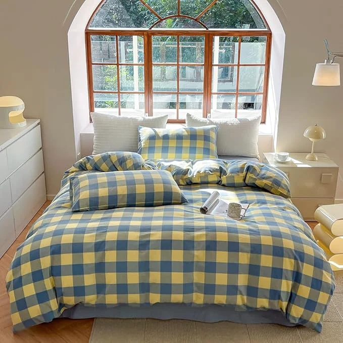 Prestigious FACE TWO FACE Bedding Duvet Cover Set Washed Cotton Duvet Cover Linen Like Textured Breathable Durable Soft Comfy King Blue Yellow Grid Efficient