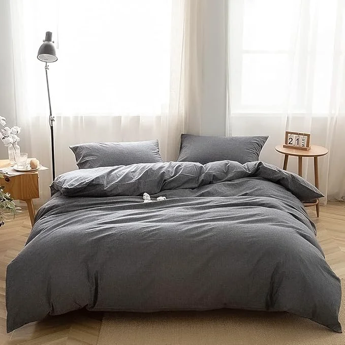 Convenient FACE TWO FACE Bedding Duvet Cover Set Washed Cotton Duvet Cover Linen Like Textured Breathable Durable Soft Comfy Queen Gray Fast
