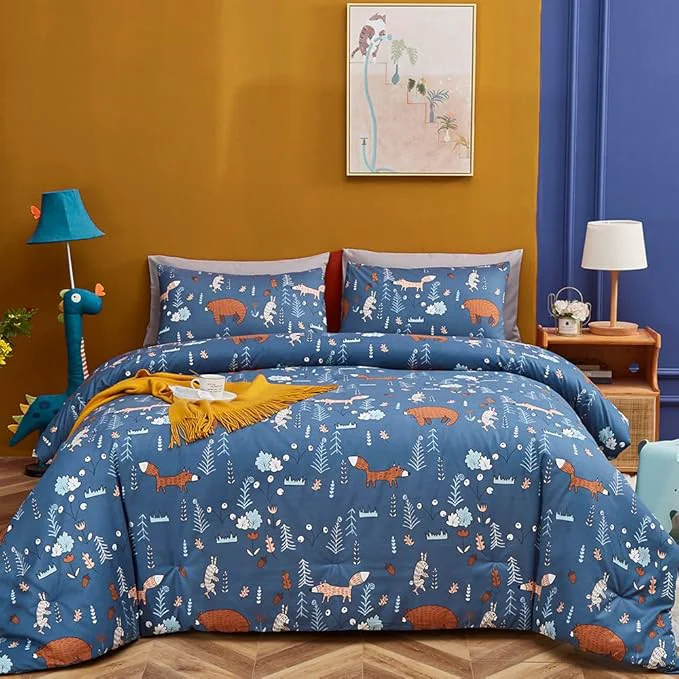 Premium CLOTHKNOW Blue Animal Full Size Comforter Set Kids Bedding Comforter Sets Soft Cartoon Rustic Fox Rabbit Comforter with 2 x Pillow Cases Genuine