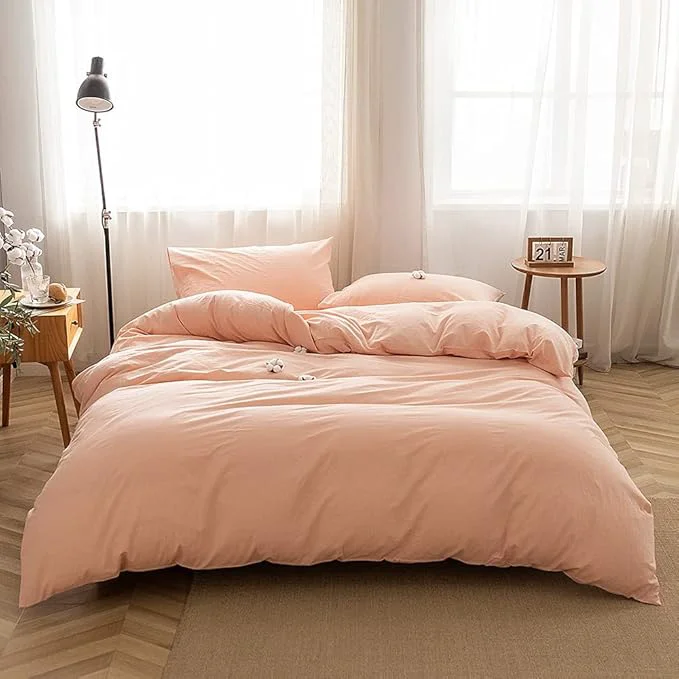 Premium Material FACE TWO FACE Bedding Duvet Cover Set 3 Pieces Washed Cotton Duvet Cover Linen Like Textured Breathable Durable Soft Comfy King Pink Effective