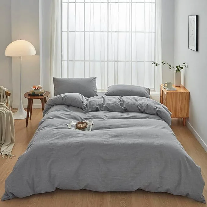 Quality FACE TWO FACE Bedding Duvet Cover Set Washed Cotton Duvet Cover Linen Like Textured Breathable Durable Soft Comfy Full Light Grey High-End