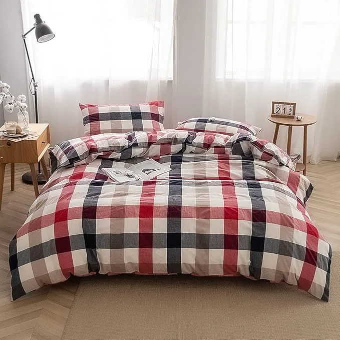 Lightweight FACE TWO FACE Bedding Duvet Cover Set Washed Cotton Duvet Cover Linen Like Textured Breathable Durable Soft Comfy Full Blue red Grid Refined