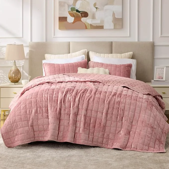 Carefully Designed BEDELITE Velvet Quilt Set King Size – Luxury Velvet Comforter Bedding Set 3 Pieces Lightweight Soft Cozy Rose Pink Oversized Bedspread Coverlet for All Seasons with 2 Pillow Shams Safe