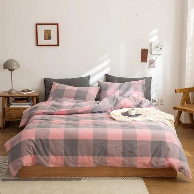 Powerful FACE TWO FACE Bedding Duvet Cover Set Washed Cotton Duvet Cover Linen Like Textured Breathable Durable Soft Comfy King Grey Powder Grid Refined