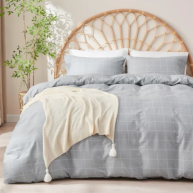 Efficient JELLYMONI Natural Cotton 2pcs Plaid Duvet Cover Sets Checkered Twin Comforter Cover 1 Duvet Cover and 1 Pillow Case with Zipper Closure amp Corner Ties Light Grey Excellent