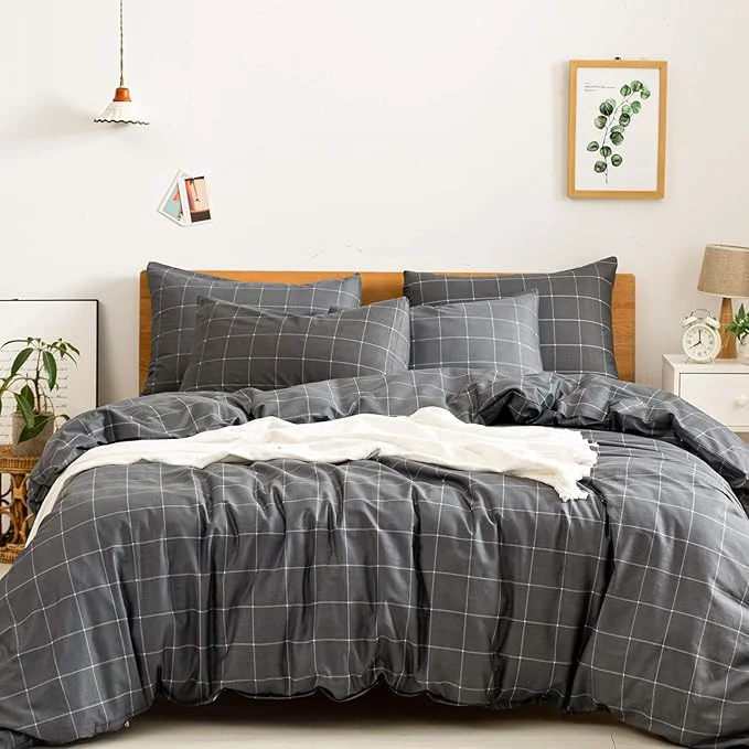 Soft JELLYMONI Natural Cotton 3pcs Plaid Duvet Cover Sets Black with White Grid Geometric Pattern Printed Comforter Cover with Zipper Closure amp Corner Ties King Size Comfortable