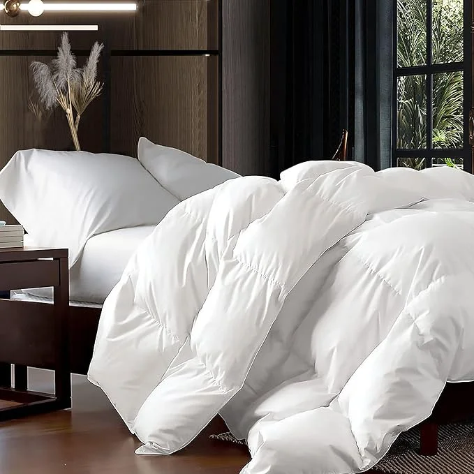 World-Class Luxurious King Oversized King 108 quot x 98 quot Size Goose Down Fiber Waterfowl Feather Fiber Comforter Duvet Egyptian Cotton Cover 65 oz. Fill Weight Baffle Box Design White Solid Excellent