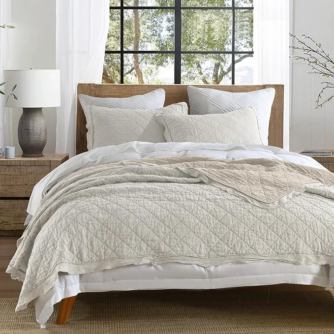 Smooth HORIMOTE HOME Linen Front Cotton Back Quilt Set King Size Beige Pre-Washed European Flax Linen Quilt Diamond Stitch Bedspread Coverlet Bedding Set 3-Piece for All Seasons Fashionable
