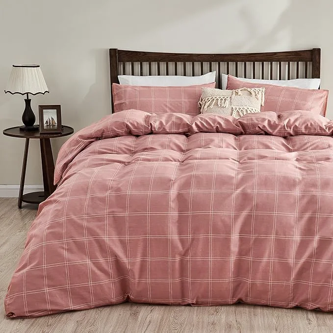Durable JELLYMONI Natural Cotton Full Duvet Cover Set 3pcs Plaid Duvet Cover Sets with Zipper Closure Grid Geometric Pattern Comforter Cover Pink Excellent