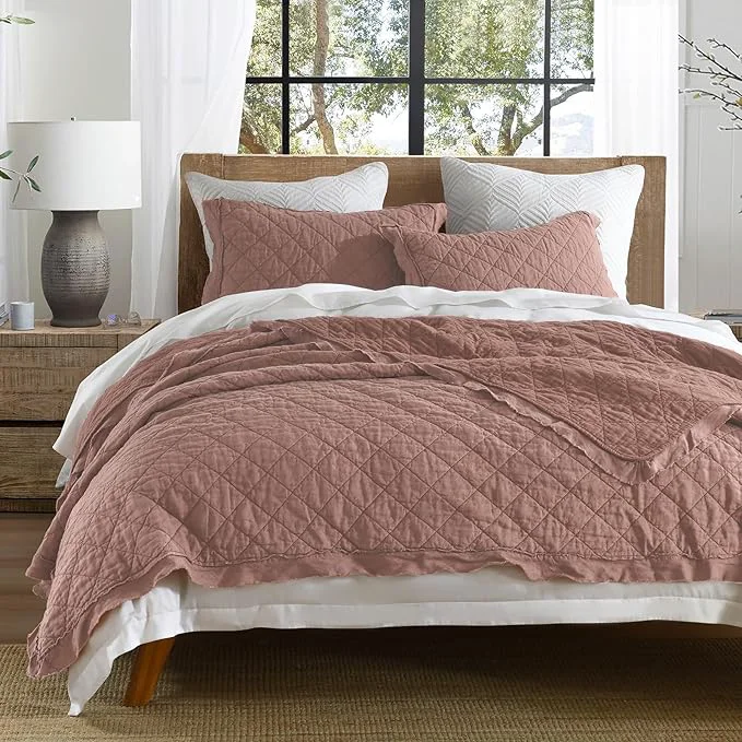Solid HORIMOTE HOME Linen Front Cotton Back Quilt Set King Size Cameo Rose Pre-Washed European Flax Linen Quilt Diamond Stitch Bedspread Coverlet Bedding Set 3-Piece for All Seasons Smooth