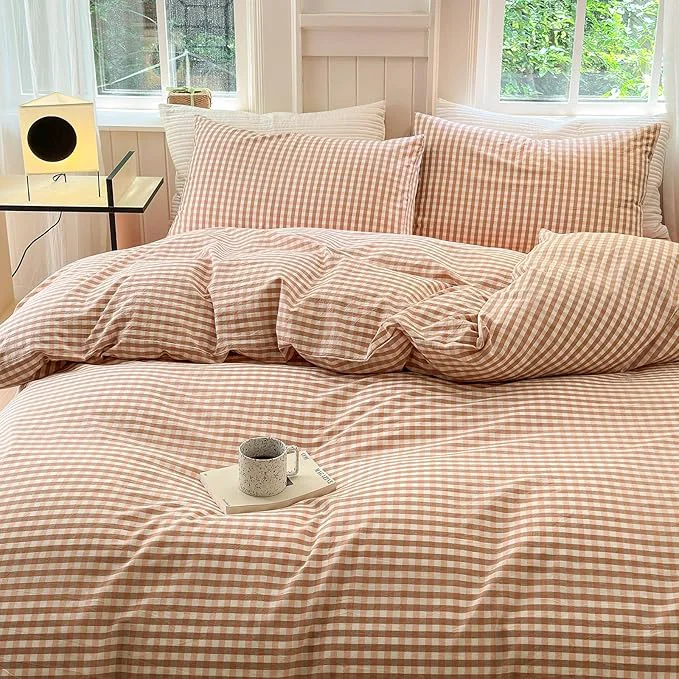 Casual LifeTB Pink Gingham Duvet Cover Twin 3 Pieces Pink Plaid Duvet Cover Washed Cotton Bedding Boho Coral Grid Comforter Cover Farmhouse Checkered Gingham Bedding Set with 2 Pillowcases Smooth
