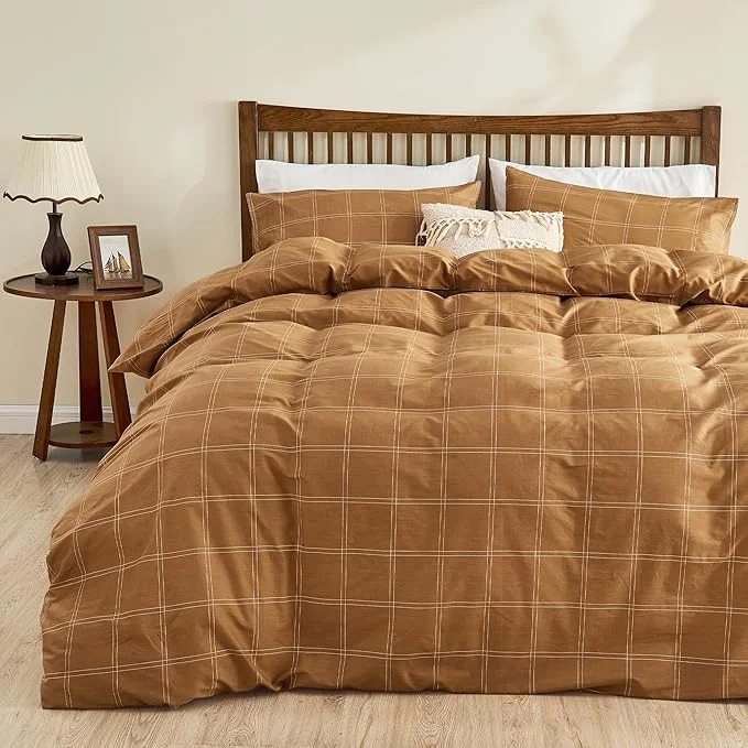 Specialty JELLYMONI Natural Cotton Full Duvet Cover Set 3pcs Plaid Duvet Cover Sets with Zipper Closure Grid Geometric Pattern Comforter Cover Rust Reusable