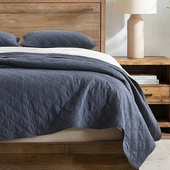 Verified HORIMOTE HOME 55 Linen Front Cotton Back Quilt Set Twin Size Steel Blue Pre-Washed Cotton Linen Quilt Set Geometric Stitched Pattern Bedspread Coverlet Bedding Set 2-Piece for All Seasons Minimalist