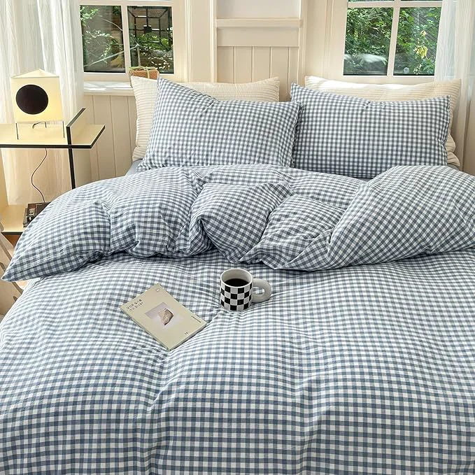 Refined LifeTB Blue Gingham Duvet Cover Set Twin Size Soft Washed Cotton Grid Duvet Cover Blue White Plaid Checkered Comforter Cover Breathable Farmhouse Gingham Bedding Set Twin Fashionable