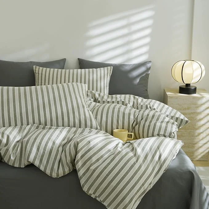 Classic Striped Duvet Cover Set Twin XL Washed Cotton Striped Bedding Set 3 Pieces White Grey Stripes Pattern Printed Comforter Cover Durable Soft Breathable Duvet Cover with Zipper Closure amp 4 Ties High-Grade