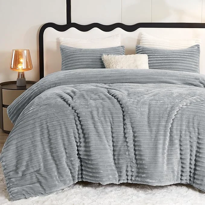Original CozyLux Fluffy Queen Comforter Set – Super Soft Faux Fur Grey Comforter Queen Size Winter Warm Fleece Bedding Set 3 Pieces Plush Fuzzy Bed Set 1 Shaggy Comforter 2 Pillowcases Elite
