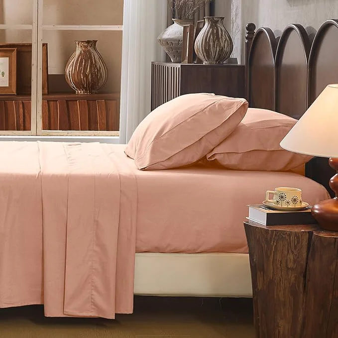 Professional Linen Sheet Set Cal King Size Extra Deep Pocket Fits 18-24 Inch Mattress Breathable amp Soft Smooth 4-Piece Set for Thick Mattresses Hotel Luxury Bedding（Cal King Light Red）