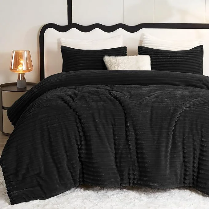 Relaxed CozyLux Fluffy Full Size Comforter Sets – Super Soft Faux Fur Black Comforter Full Size Winter Warm Fleece Bedding Set 3 Pieces Plush Fuzzy Bed Set 1 Shaggy Comforter 2 Pillowcases Fashionable