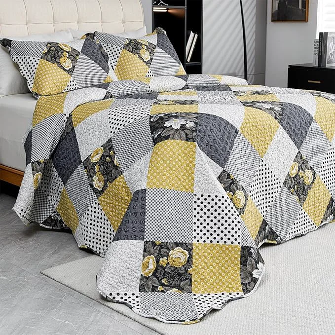 Smooth Cmfshape Summer Floral Queen Bedspread Romantic Khaki Quilt Set Full Reversible Stitched Bedding Set All Season Soft Lightweight Coverlet with Pillow Cases Khaki amp Dark Queen90 x90 Comfortable