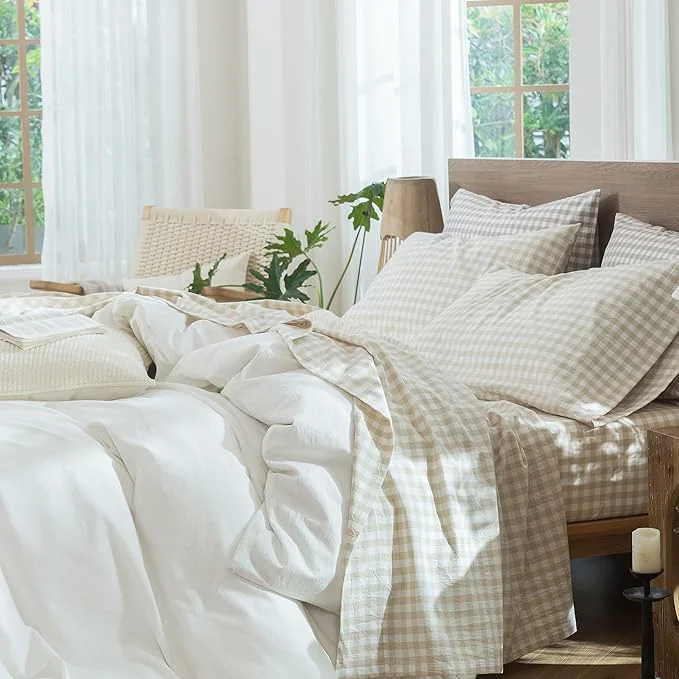 Luxury MooMee Gingham Sheet Set Washed Cotton Linen Like Textured Breathable Soft w Fully Elasticized 16-19 quot Deep Pocket Classic Gingham Almond Milk Grey Queen Prestigious