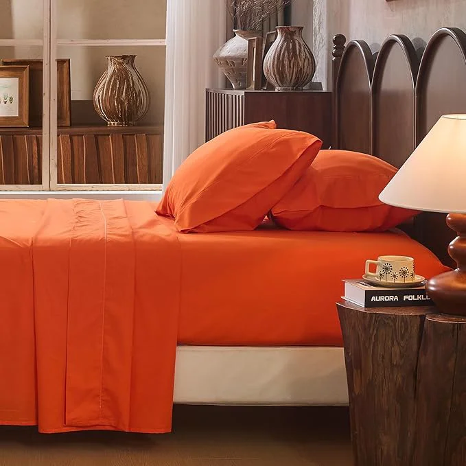 High-Grade Linen Sheet Set King Size Extra Deep Pocket Fits 18-24 Inch Mattress Breathable amp Soft Smooth 4-Piece Set for Thick Mattresses Hotel Luxury Bedding（King Orange） Comfortable