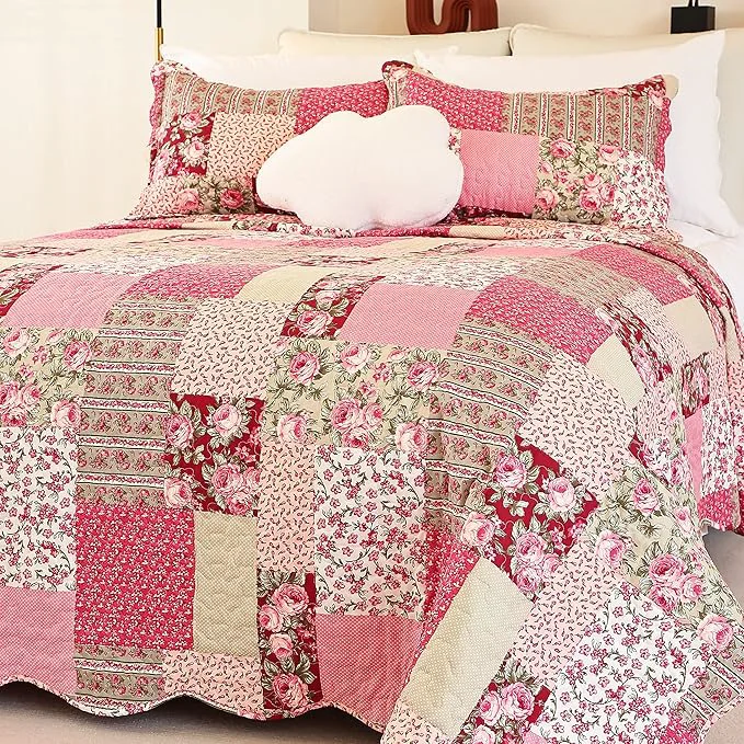 Long-Lasting Cmfshape Summer Floral Queen Quilted Bedspread Romantic Pink Quilt Set Full Reversible Stitched Bedding Set All Season Soft Lightweight Coverlet with Pillow Cases Hot Pink amp Rose Queen90 x90 Organic