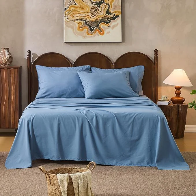 Elegant Linen Sheets Queen Size Breathable amp Durable 4-Piece Bed Flax Sheet Set Soft All-Season Bedding for Hot Sleepers 16 quot Deep Pocket Oeko-TEX （Queen Dusty Blue） Trusted