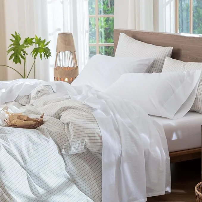 Premium MooMee Bedding Sheet Set Washed Cotton Linen Like Textured Breathable Durable Soft Comfy Solid Bright White Full Natural