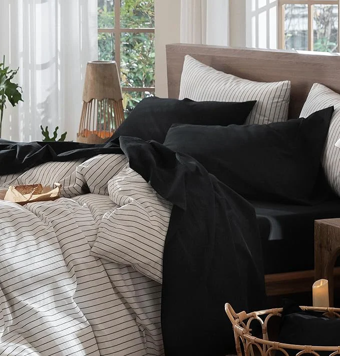 Excellent MooMee Bedding Sheet Set Washed Cotton Linen Like Textured Breathable Durable Soft Comfy Solid Black Twin Authentic