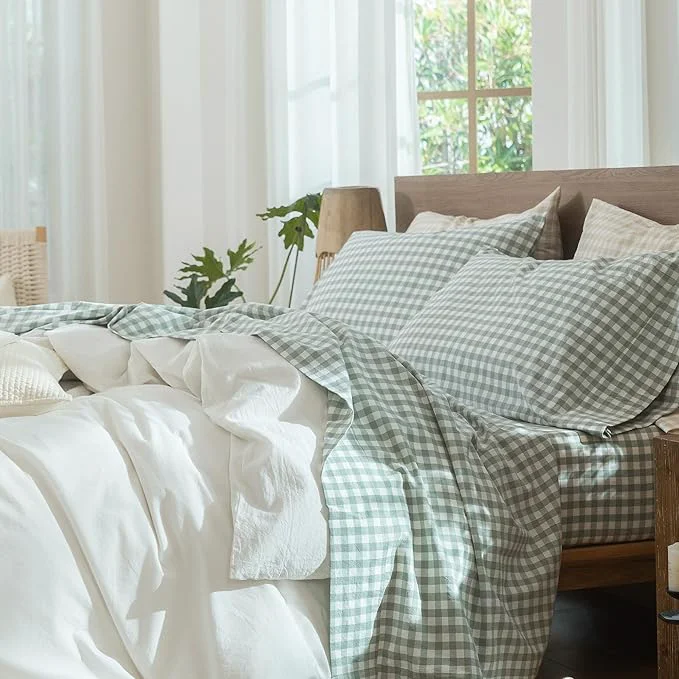 World-Class MooMee Gingham Sheet Set Washed Cotton Linen Like Textured Breathable Soft w Fully Elasticized 16-19 quot Deep Pocket Classic Gingham Sage Green King Responsible