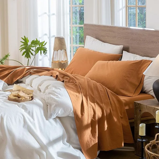 Clean MooMee Bedding Sheet Set Washed Cotton Linen Like Textured Breathable Durable Soft Comfy Solid Burnt Orange Full Casual