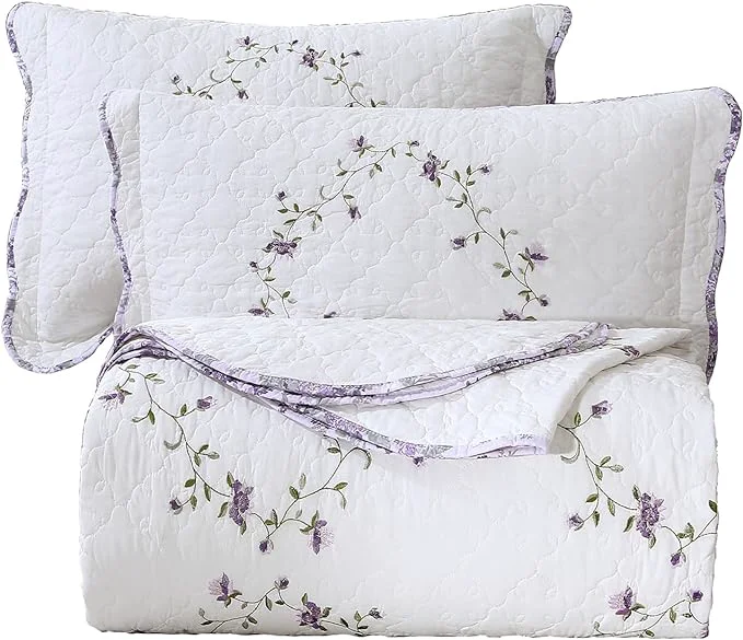 Verified vctops 3-Piece Elegant Floral Embroidered Bedspread Coverlet Set King Size Cotton Reversible Patchwork 1 Quilt and 2 Pillow Shams Purple King Original