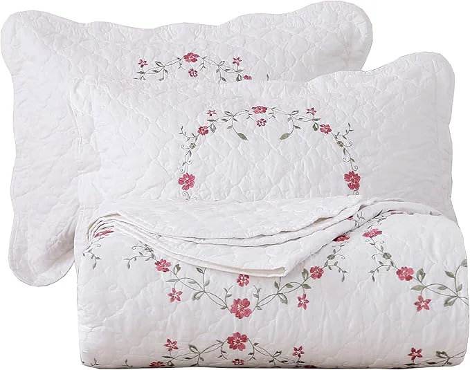 Pure vctops 3-Piece Elegant Floral Embroidered Bedspread Coverlet Set Cotton Reversible Patchwork 1 Quilt and 2 Pillow Shams Full Queen White
