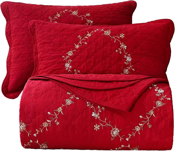 Sustainable vctops 3-Piece Floral Embroidered Bedspread Coverlet Set Oversized Queen Cotton Reversible Patchwork 1 Quilt and 2 Pillow Shams Red Oversize Queen Convenient