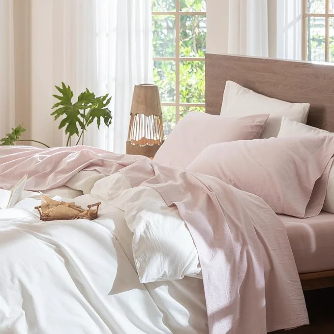 Carefully Designed MooMee Bedding Sheet Set Washed Cotton Linen Like Textured Breathable Durable Soft Comfy Heathered Greyish Pink King Artisan