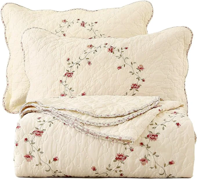 High-Performance vctops 3-Piece Floral Embroidered Bedspread Coverlet Set Cotton Reversible Patchwork 1 Quilt and 2 Pillow Shams Full Queen Flower Sustainable