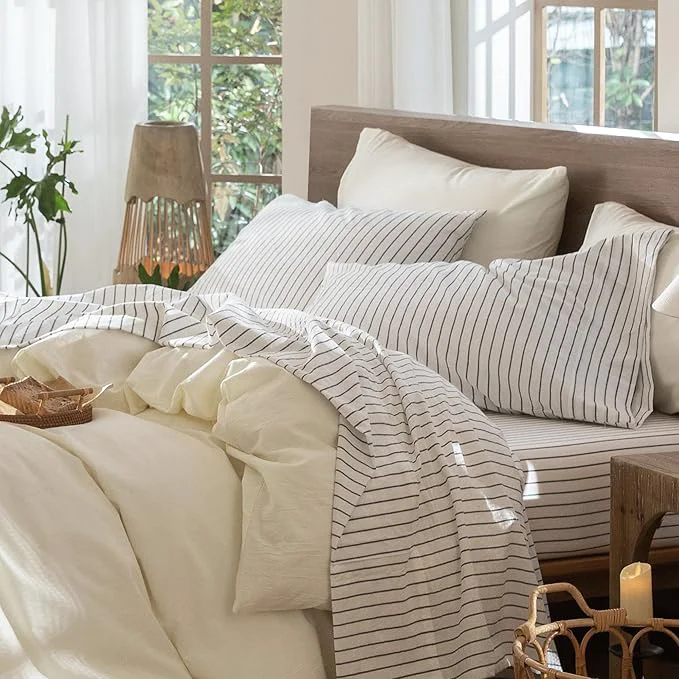 Unique MooMee Striped Sheet Set Washed Cotton Linen Like Textured Breathable Durable Soft Comfy White Dark Grey Wide Stripes King Comfortable