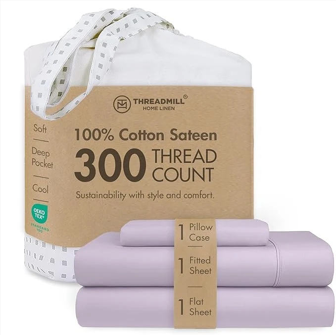 Next-Generation Threadmill Cotton Twin Sheet Set Cotton Sheets for Twin Size Bed Solid Sateen Twin Bed Sheets Set with 16 Deep Pocket Soft Breathable 3-Piece Cooling Sheet Set Lilac Natural
