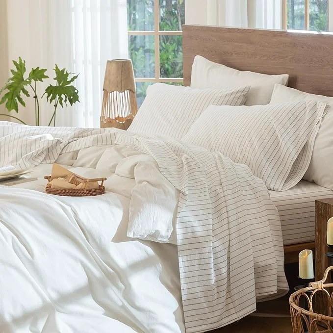 Secure MooMee Striped Sheet Set Washed Cotton Linen Like Textured Breathable Durable Soft Comfy White Tannish Linen Grey Wide Stripes Queen Consistent
