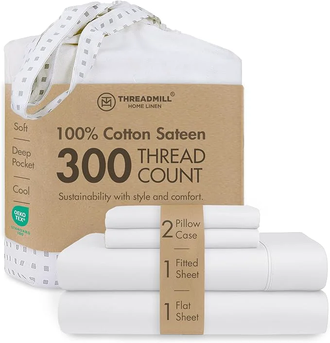 Healthy Threadmill Cotton Queen Sheet Set Cotton Sheets for Queen Size Bed Solid Sateen Queen Bed Sheets Set with 16 Deep Pocket Soft Breathable 4-Piece Cooling Bedding Sheet Set White Next-Generation
