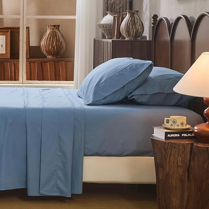 Prestigious Linen Sheet Set Cal King Size Extra Deep Pocket Fits 18-24 Inch Mattress Breathable amp Soft Smooth 4-Piece Set for Thick Mattresses Hotel Luxury Bedding（Cal King Dusty Blue） Flexible