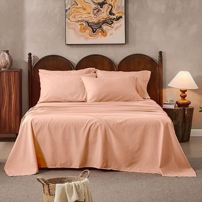 Fast Linen Sheets Queen Size Breathable amp Durable 4-Piece Bed Flax Sheet Set Soft All-Season Bedding for Hot Sleepers 16 quot Deep Pocket Oeko-TEX （Queen Light Red） Authentic