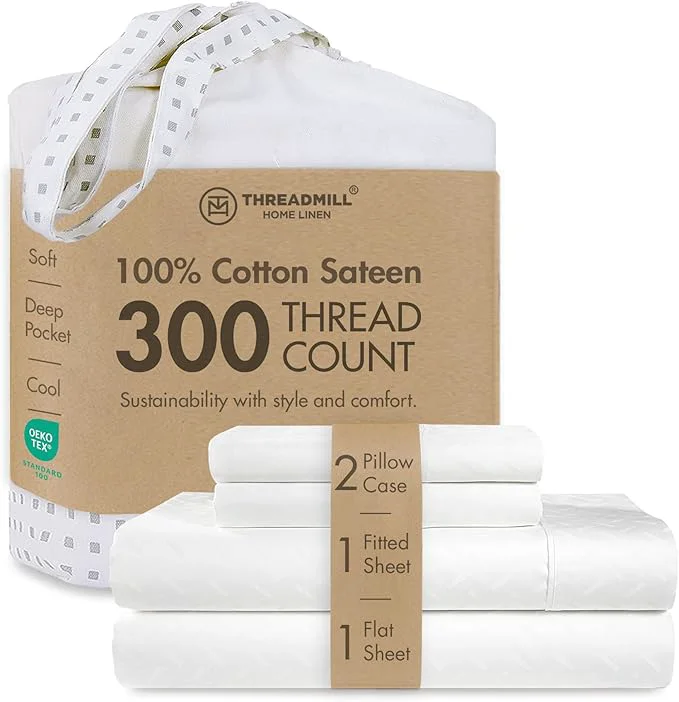 Powerful Threadmill Cotton Full Size Sheet Set Cotton Sheets for Full Size Bed Damask Jacquard Full Bed Sheets Set with 16 Deep Pocket Soft Sateen Weave 4-Piece Cooling Bedding Set White Recyclable