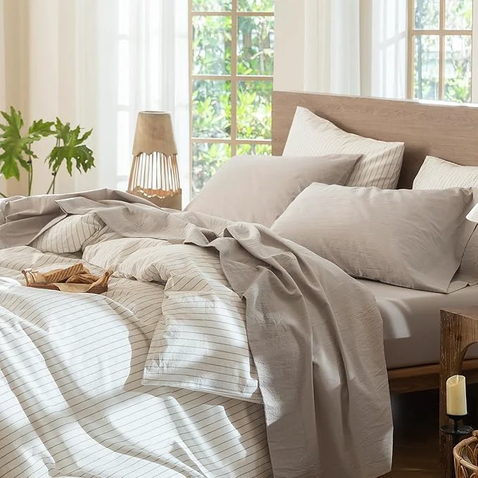 Consistent MooMee Bedding Sheet Set Washed Cotton Linen Like Textured Breathable Durable Soft Comfy Heathered Cream Grey Full Premium