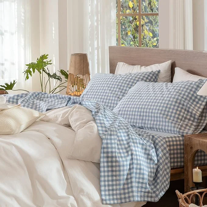Carefully Designed MooMee Gingham Sheet Set Washed Cotton Linen Like Textured Breathable Soft w Fully Elasticized 16-19 quot Deep Pocket Classic Gingham Cornflower Blue Queen Lightweight
